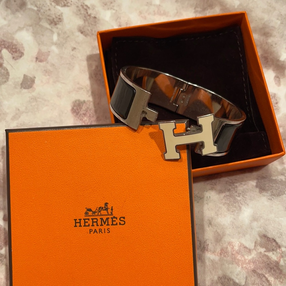Black and White Enamel Clic H Bracelet- Hermes